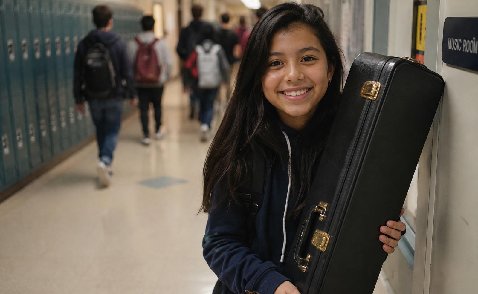 Student carrying her instrument case at school